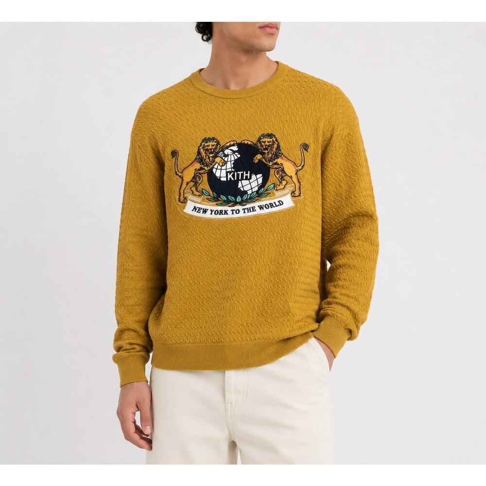 KITH New York To The World Cable Knit Sweater Mustard Yellow Size Small